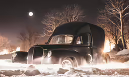 an old style pick up truck on the snow at night
