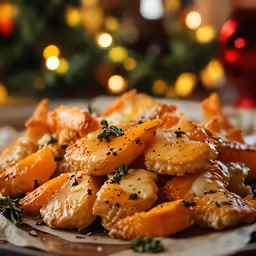 a plate with some food and a christmas tree
