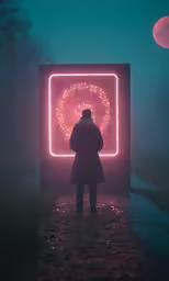 a person standing in front of a pink light display