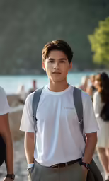 an asian male with a backpack looking into the distance