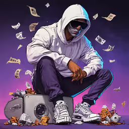 a man sitting on top of a washing machine,a man is sitting on top of a boombox with money all over him