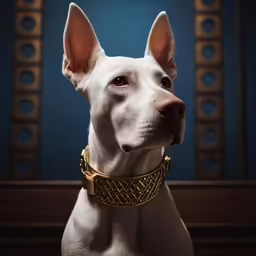 a white dog with gold collar stares into the camera