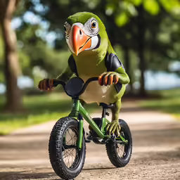 a green parrot on a bike in the park