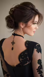 a woman in black blouse with a long hairdo