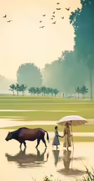 a painting of two people with an umbrella and two animals