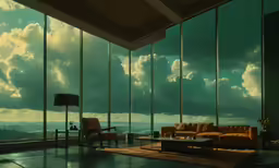 a living room with large windows looking out to the valley