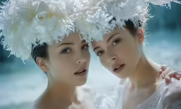 two woman wearing flowers, looking to the side