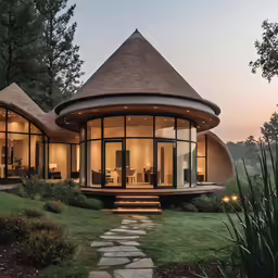 round home with a nice sitting area in the middle of a lawn