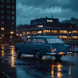 a small blue station wagon sits in the rain