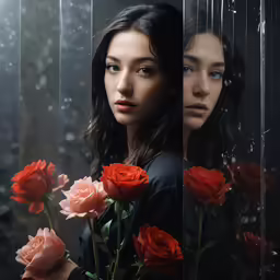a woman surrounded by roses posing behind glass