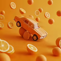 a mini car in the middle of oranges and lemons