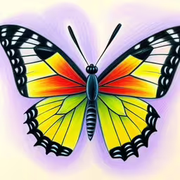 a painting of a butterfly on a pink background,a colorful butterfly with stripes on it