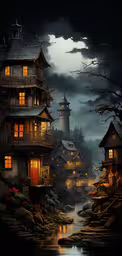 a night scene with dark water and old buildings,the castle house is near the water in the dark