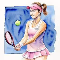 the drawing shows a woman playing tennis,the girl is playing tennis on the court,a drawing of a woman holding a tennis racquet,watercolor painting of a female tennis player,the tennis player is posing with a racket in her hand