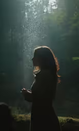 the woman is standing under the rain outside