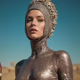 the woman has all metallic clothes and is posing