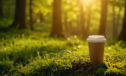a coffee cup sitting on top of a green grass covered ground