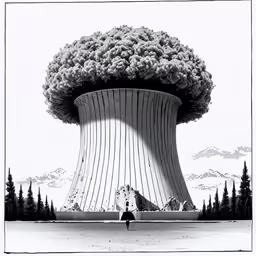 a woman standing under an enormous mushroom like structure