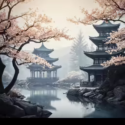 oriental architecture by a pond and trees with pink flowers