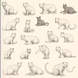 a large selection of cats sitting and standing