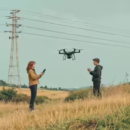 two people stand in an open field while a black and white flying a quadcopter is above them