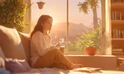 a woman sits on the couch in front of a window