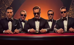 the men in black have sunglasses on their heads