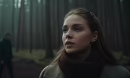 a woman in the woods staring back into the camera