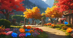 a painting with bright colored flowers and trees,a street in a very animated environment