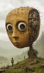 a man walks towards a giant potato with eyes