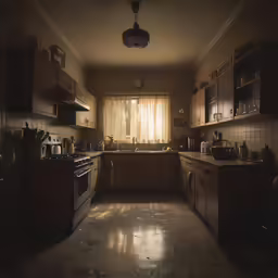 dark, messy kitchen with wooden cabinets and appliances