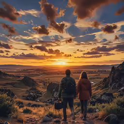 two people standing on a hill as the sun sets