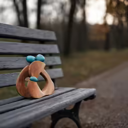a wooden figure sitting on top of a bench