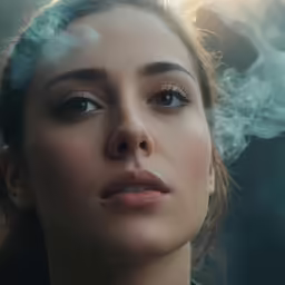 a woman smoking her cigarette with smoke pouring out of the head