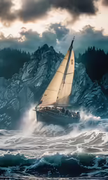 a boat sailing in rough waters near snow capped mountain