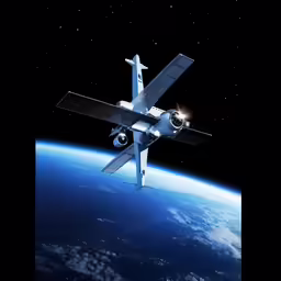a space shuttle with its landing gear down flying through the night sky over a blue earth