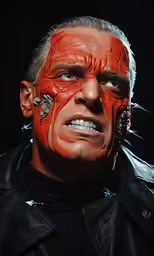 a man with red face paint and piercing on his nose