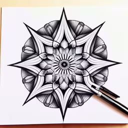 a drawing with some pens sitting next to it,a pen drawing of a star with black and white lines on it