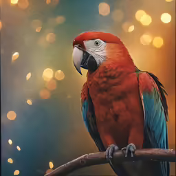 a parrot sitting on a tree branch with blurry lights