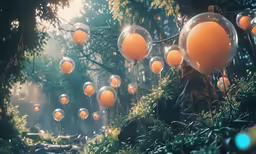 the orange ball trees have float like orbs and sparkle in them
