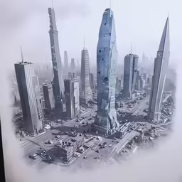 an aerial view of an urban skyline of tall buildings