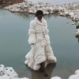 the young woman is walking in water and wearing a white coat