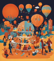 a painting of people flying colorful balloons and watching some,an illustrated poster of people sitting around with hot air balloons flying overhead