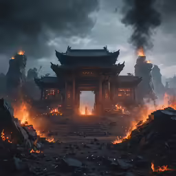 a dark scene with a very large gate surrounded by fire