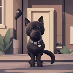 the dog is sitting in front of the door
