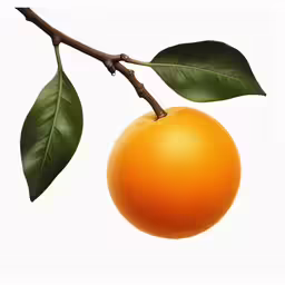 a branch with an orange on it with leaves
