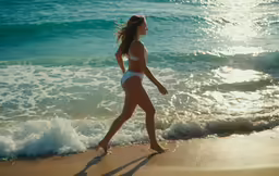a beautiful woman in a white bikini running along the beach