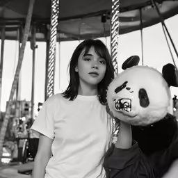 a woman holding a teddy bear by a carousel