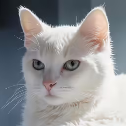 a white cat with blue eyes and brown ears looking directly at the camera