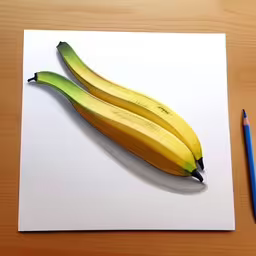 two bananas on a piece of paper near a pencil,two bananas sitting on top of paper with a pencil next to it,some bananas are on paper with a pencil,a cut out picture of bananas with a pencil sitting on it,two bananas are shown with two colored pencils